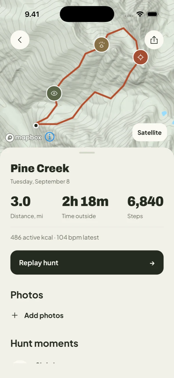 Hunting route and recorded moments on iPhone