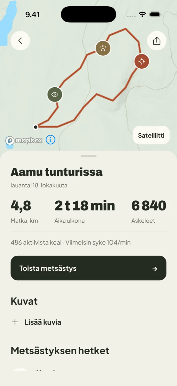 Hunter Watchin metsästysreitti ja päivän merkinnät iPhonella