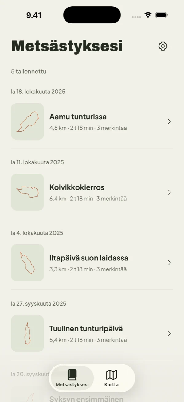 Tallennetut reissut metsästyspäiväkirjassa iPhonella