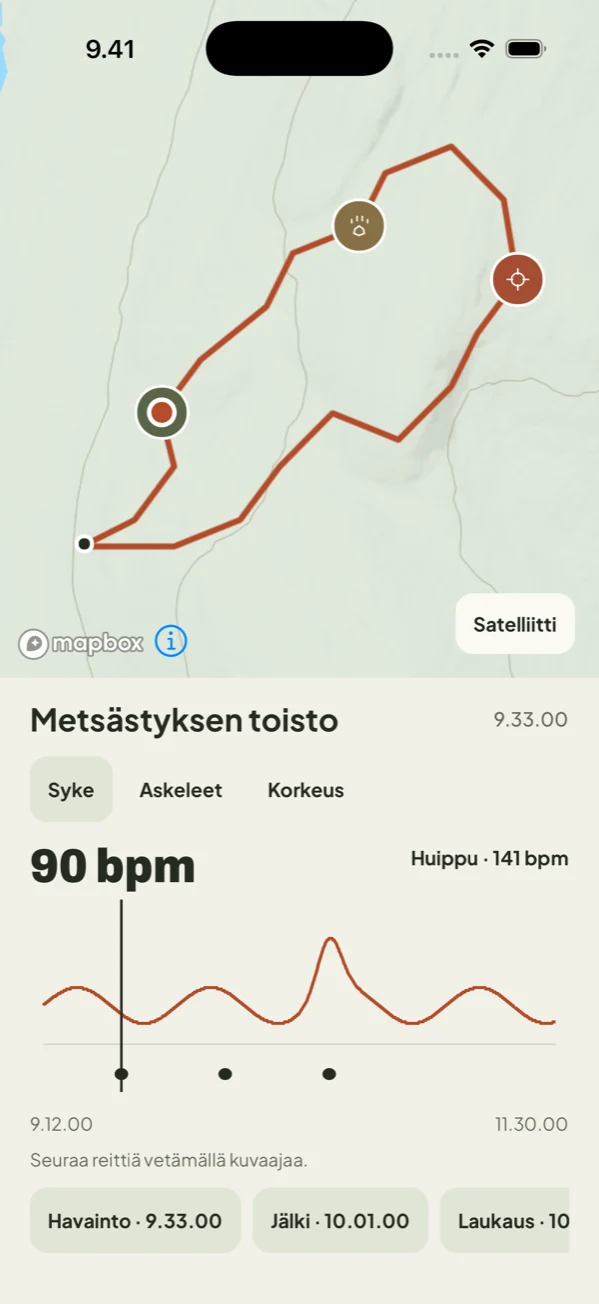 Metsästysreitin toisto ja aktiivisuuskuvaaja iPhonella